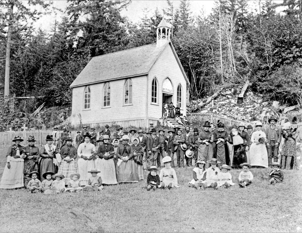 Kanaka people standing outside of St. Paul's Church in Fulford