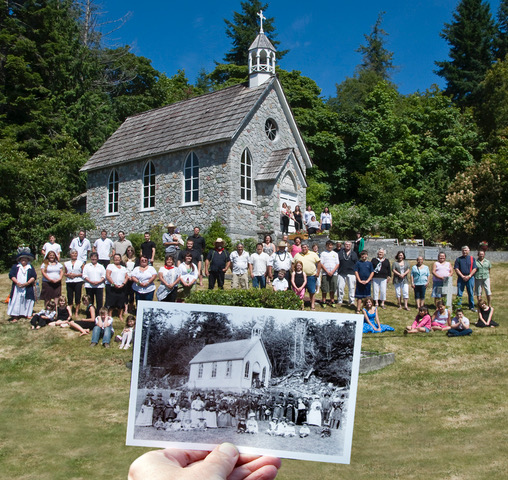 Kanaka people standing outside of St. Paul's Church in Fulford