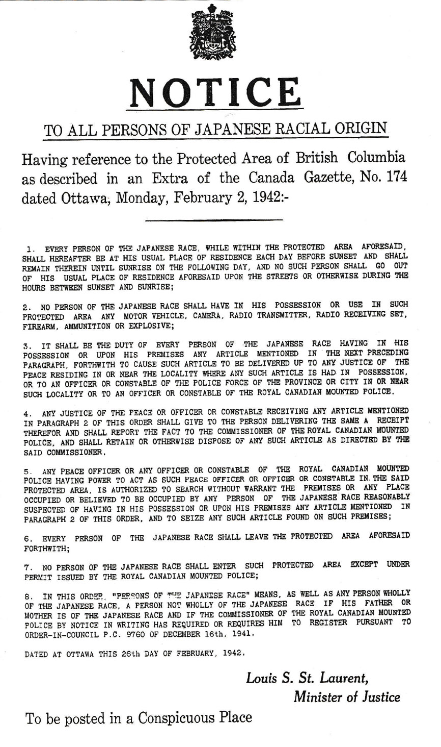 poster advising Japanese Canadians to leave the so-called protected area along coastal British Columbia